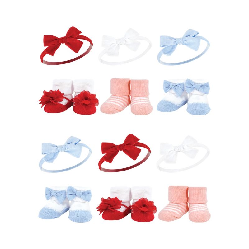 Hudson Baby Infant Girl 12Pc Headband and Socks Giftset, Red Blue, One Size, 1 of 3