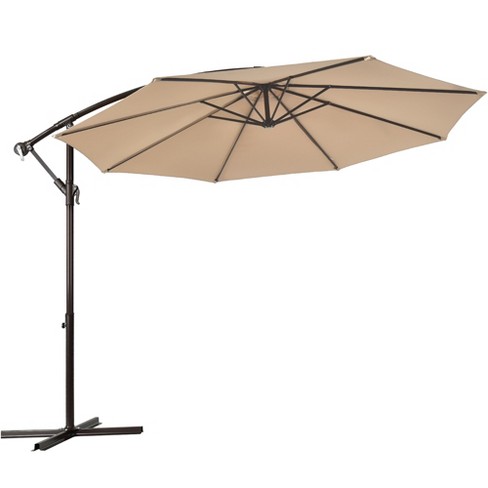 10' Ft Hanging Umbrella Patio Sun Shade Offset Outdoor Market W/ Cross Base Tan 