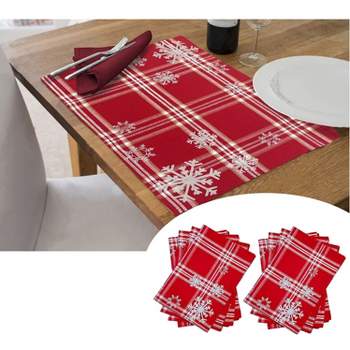 KOVOT Set of 8 Winter Snowflake Placemats | Christmas Holiday Table Decor | Red & White with Foil Accents Snowflake Place Mats (17" x 13")