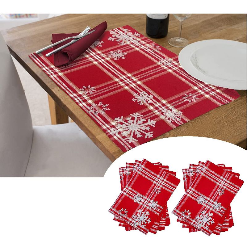 KOVOT Set of 8 Winter Snowflake Placemats | Christmas Holiday Table Decor | Red & White with Foil Accents Snowflake Place Mats (17" x 13"), 1 of 7