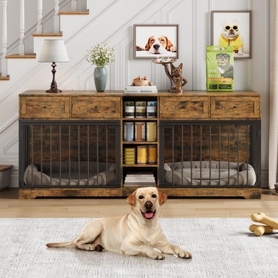 Whizmax 82” Large Dog Crate with 4 Drawers and Shelves, Double Dog Crate Furniture TV Stand, Wooden Heavy Duty Dog Crate for Medium Large Dogs