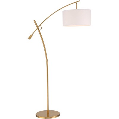 Adjustable White Linen Drum Shade Arc Floor Lamp