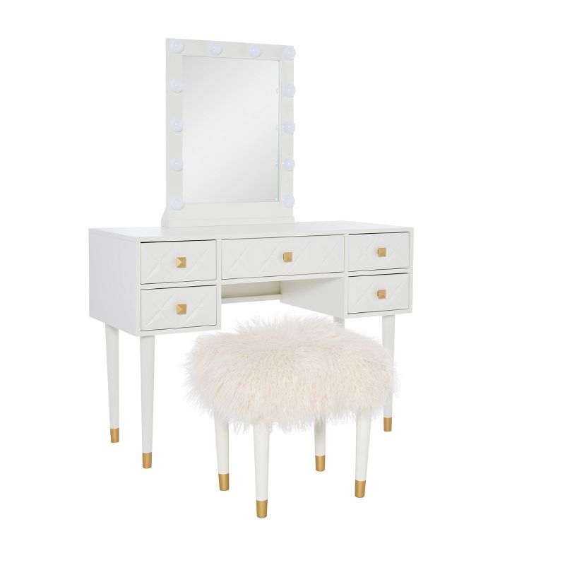 Geo Solid Wood 5 Drawer Lighted Vanity and Fluffy Upholstery Stool Set White/Gold Finished - Linon, 1 of 14