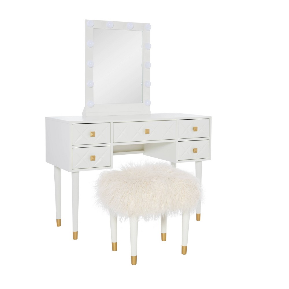 Photos - Bedroom Set Linon Geo Solid Wood 5 Drawer Lighted Vanity and Fluffy Upholstery Stool Set Whi 
