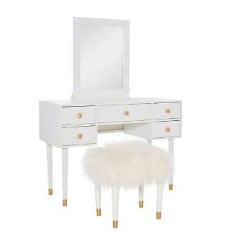 Geo Solid Wood 5 Drawer Lighted Vanity and Fluffy Upholstery Stool Set White/Gold Finished - Linon