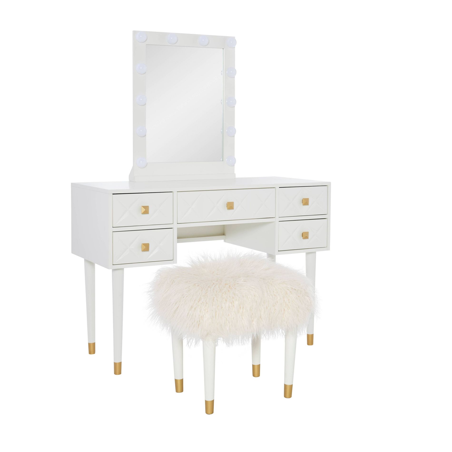 Geo Solid Wood 5 Drawer Vanity with Lighted Mirror & Stool Set - Linon: Hollywood Glam Style