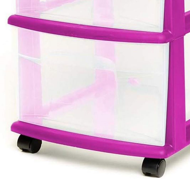 Homz Clear Plastic 3 Drawer Medium Home Organization Storage Container Tower with 3 Large Drawers and Removeable Caster Wheels, Purple Frame (2 Pack), 4 of 7