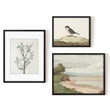 Americanflat Botanical 3 Piece Vintage Gallery Wall Art Set - French Coast, Silverberry Branch, Chickadee By Maple + Oak