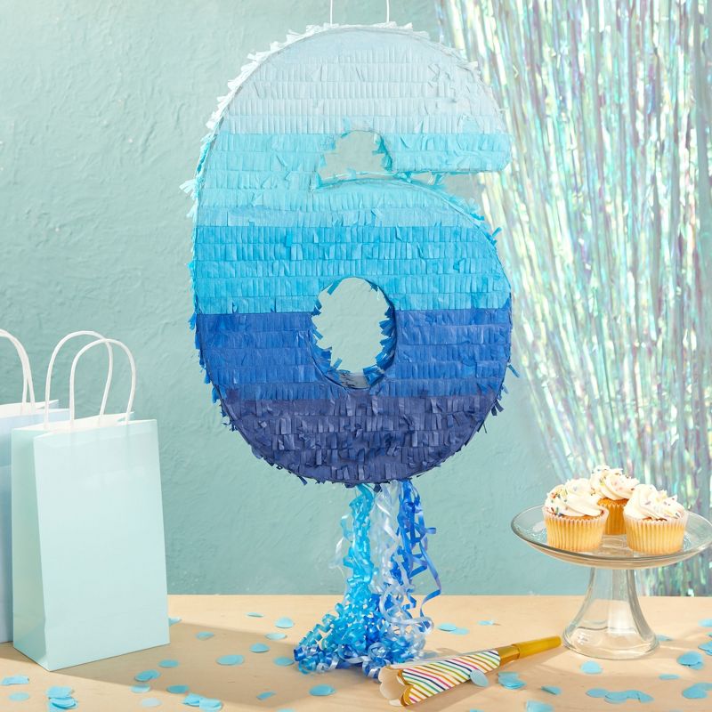 Blue Panda Small Pull String Number 6 Pinata for Boys and Girls 6th Birthday Party Decorations, Table Centerpieces, Favors, Gradient Blue, 11x17x3 in, 3 of 7