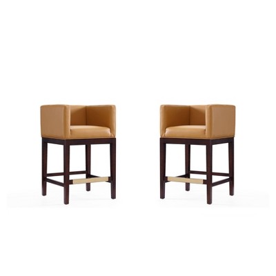 Set of 2 Camel Faux Leather and Walnut Wood Counter Stools