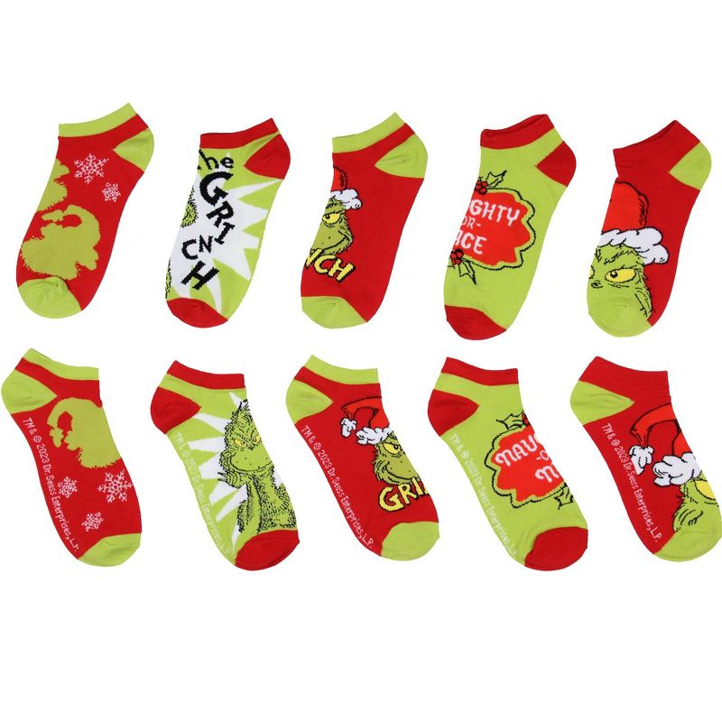 Dr. Seuss The Grinch Santa Christmas Naughty or Nice Low Cut Ankle Socks 5 Pack Multicoloured, 2 of 5