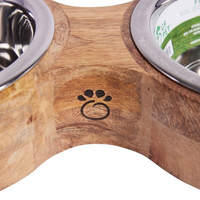 Small Mango Wood Elevated Double Pet Feeder with Stainless Steel Bowls
