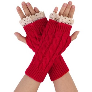 Unique Bargains Pair Women's Winter Lace Trim Fingerless Thumbhole Stretchy Knitted Gloves - 1 of 4
