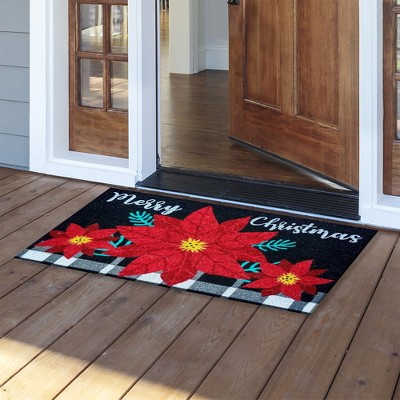 Merry Christmas Poinsettia Coir Doormat with Rubber Backing
