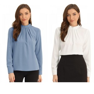 INSPIRE CHIC Women's Business Casual Stand Collar Chiffon Long Sleeve Blouse 2 Packs - 1 of 4