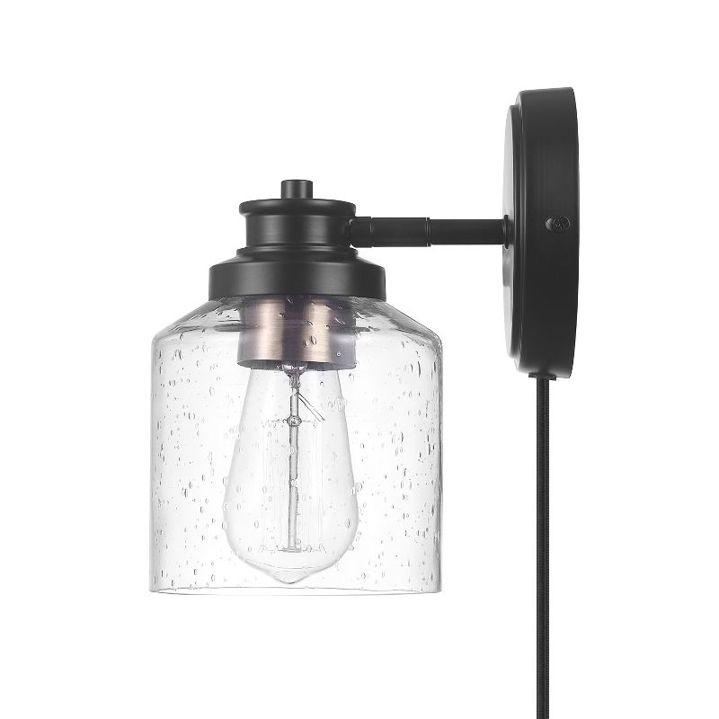 Willow 1-Light Matte Black Plug-In or Hardwire Wall Sconce with Seeded Glass Shade - Globe Electric, 1 of 8