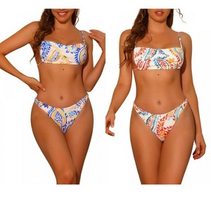 Elerevyo Women's Leaf Print Colorful Lace Up Adjustable Spaghetti Straps Bandeau Bathing Suit Swimsuit Bikini Sets 2 Sets - 1 of 4