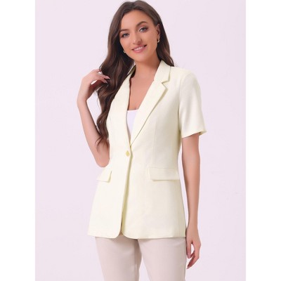 Allegra K Women's Office Work Lapel Short Sleeve Button Down Open Front Blazers with Pockets Small Beige — фото 4