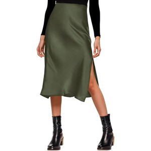 Women's Satin Midi Skirt - High Waist Slit Design with Comfortable Elastic Waistband Olive - 1 of 4