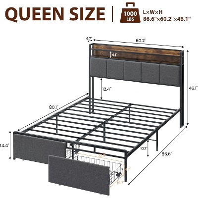 Jojoka Bed Frame with Headboard and 2 Storage Drawers,Upholstered Platform Bed Frame with Chargin Station and LED Lights