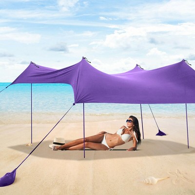 Costway Family Beach Tent Canopy w/ 4 Poles Sandbag Anchors 7'x7' UPF50+ Purple