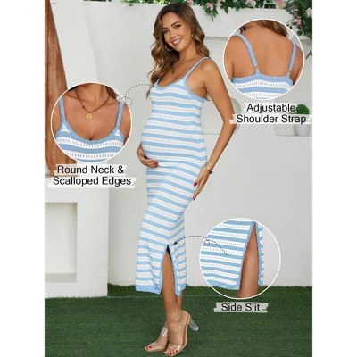 Женские платья INSPIRE CHIC Women's Maternity Dress Bodycon Striped Long Midi Sleeveless Cami Knit Casual Fitted Pregnancy Dresses Large Blue — фото 3