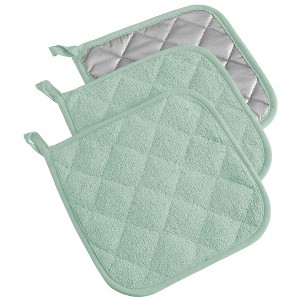 Design Imports  Terry Solid Potholder Set 3 Piece Mint 7X7" - 1 of 4