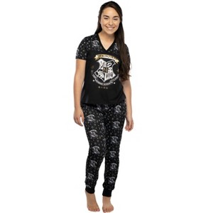 Harry Potter Women's Juniors Hogwarts Crest Foil Print Jogger Pajama Set - 1 of 3