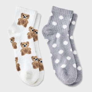 Women's Teddy Bears 2pk Cozy Quarter Crew Socks - Ivory/Gray 4-10 - 1 of 3