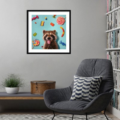Sweet Tooth Raccoon Turquoise Lithograph Framed Wall Art 25 x 25