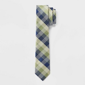 Men's Plaid Faux Linen Neck Tie - Goodfellow & Co™ Blue/Green: Recycled Polyester, Woven Check Pattern - 1 of 3