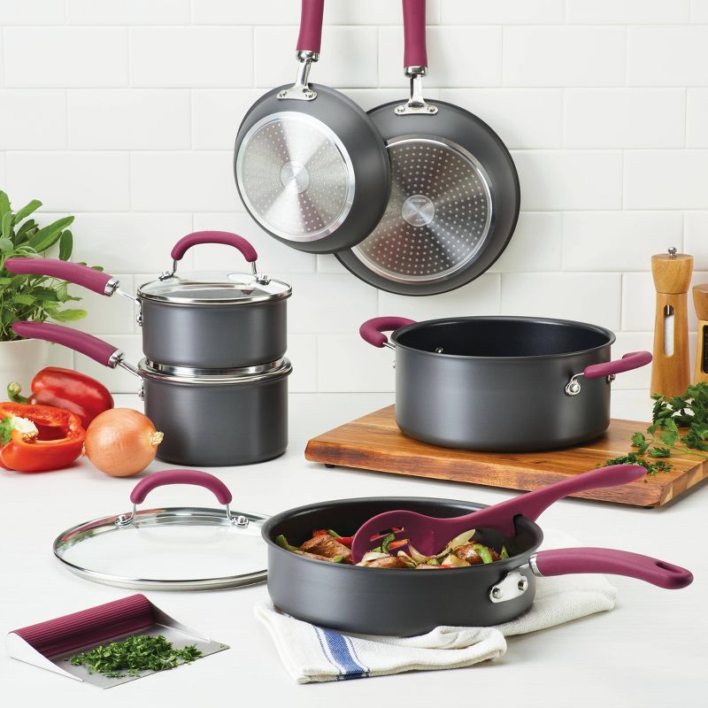 Rachael Ray Create Delicious 11pc Hard Anodized Nonstick Cookware Set Burgundy Handles, 3 of 10