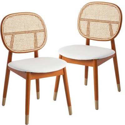 LeisureMod Holbeck Wicker Dining Chair with Upholstered Leather Seat and Beech Wood Legs, Set of 2