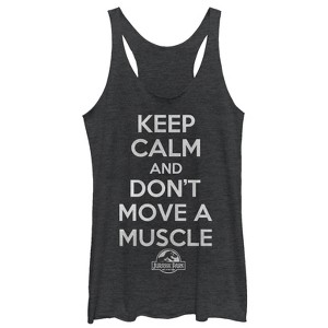 Women's Jurassic Park Keep Calm and Don't Move a Muscle Racerback Tank Top - 1 of 3