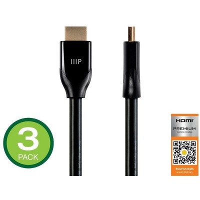 Monoprice HDMI Cable - 6 Feet - Black (3 Pack) Certified Premium, High Speed, 4K@60Hz, HDR, 18Gbps, 28AWG, YUV 4:4:4, Compatible with UHD TV / PS4 Pro