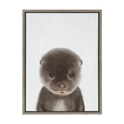 Gray Baby Otter Color Illustration Framed Canvas, 18x24