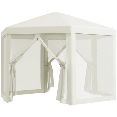 13 Ft Hexagon White Steel Frame Patio Gazebo with Mesh Walls