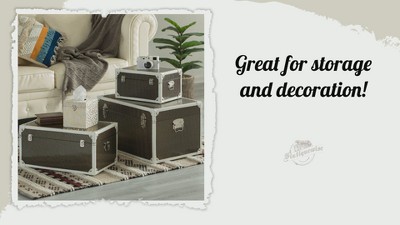 Black Faux Leather and Metal Storage Trunk Set of 3