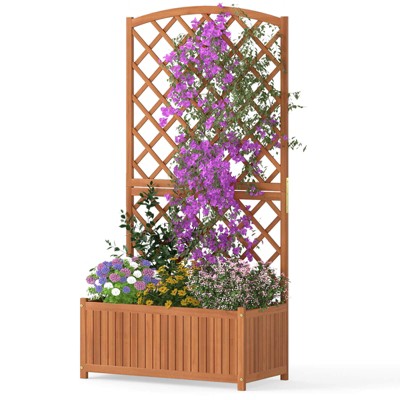 Costway 1/2 PCS 63” Wood Planter Container with Diamond Trellis, Planter Box, Slat Base for Plants