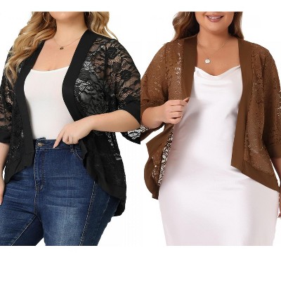 Agnes Orinda Women's Plus Size Open Front 3/4 Sleeve Lace Elegant Casual Lightweight Cardigans