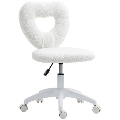 HOMCOM Armless Home Office Desk Chair, Computer Task Chair, Teddy Fleece Heart Makeup Vanity Chair with Swivel Wheels, Adjustable Height, White