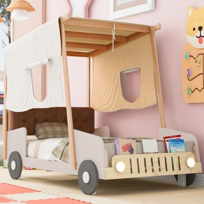 Wood Car Bed with Pillow, Ceiling Cloth and LED, Natural