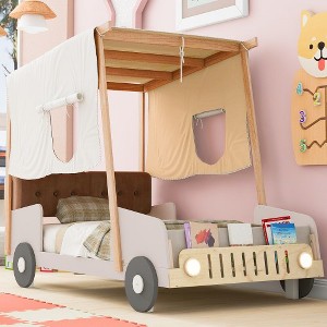 Wood Car Bed with Pillow, Ceiling Cloth and LED, Natural - 1 of 4