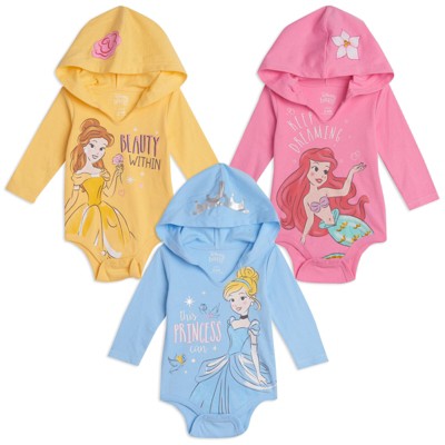Disney Princess Cinderella Belle Ariel Infant Baby Girls 3 Pack Cuddly Bodysuits Multicolored 12 Months