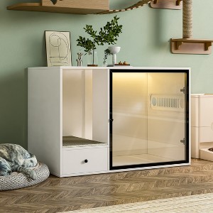 ATJafurn 37.4 " Litter Box with Glass Door Hidden Cat Cabinet, Enclosed Odor-Proof Litter Spatter Cat Toilet, White - 1 of 4