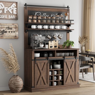 75" Tall Coffee Hutch Cabinet Large Kitchens Storage Cabinets White Coffee Bar Cabinet Cupboard with Sliding Barn Door