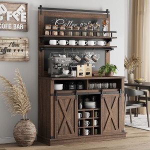 75" Tall Coffee Hutch Cabinet Large Kitchens Storage Cabinets White Coffee Bar Cabinet Cupboard with Sliding Barn Door - 1 of 4