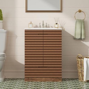 Kumasinova 24" Brown Modern Bathroom Vanity,Storage Cabinet with Ceramic Sink,2 Doors,1 Drawer,Wood Handles,Freestanding Dressing Table for Bathroom - 1 of 1