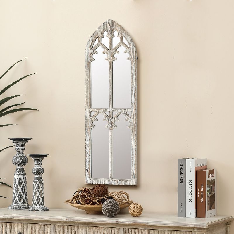 LuxenHome Distressed White Wood Cathedral Framed Wall Mirror, 2 of 9