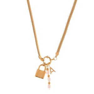 Anna-Kaci Gold-Tone Lock Pendant Necklace with Pearl and Initial Charm Details - Gold - 1 of 4